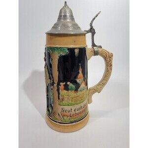 VTG DBGM West Germany Freut euch des Lebens 9.5" Lidded Beer Stein Mug EUC